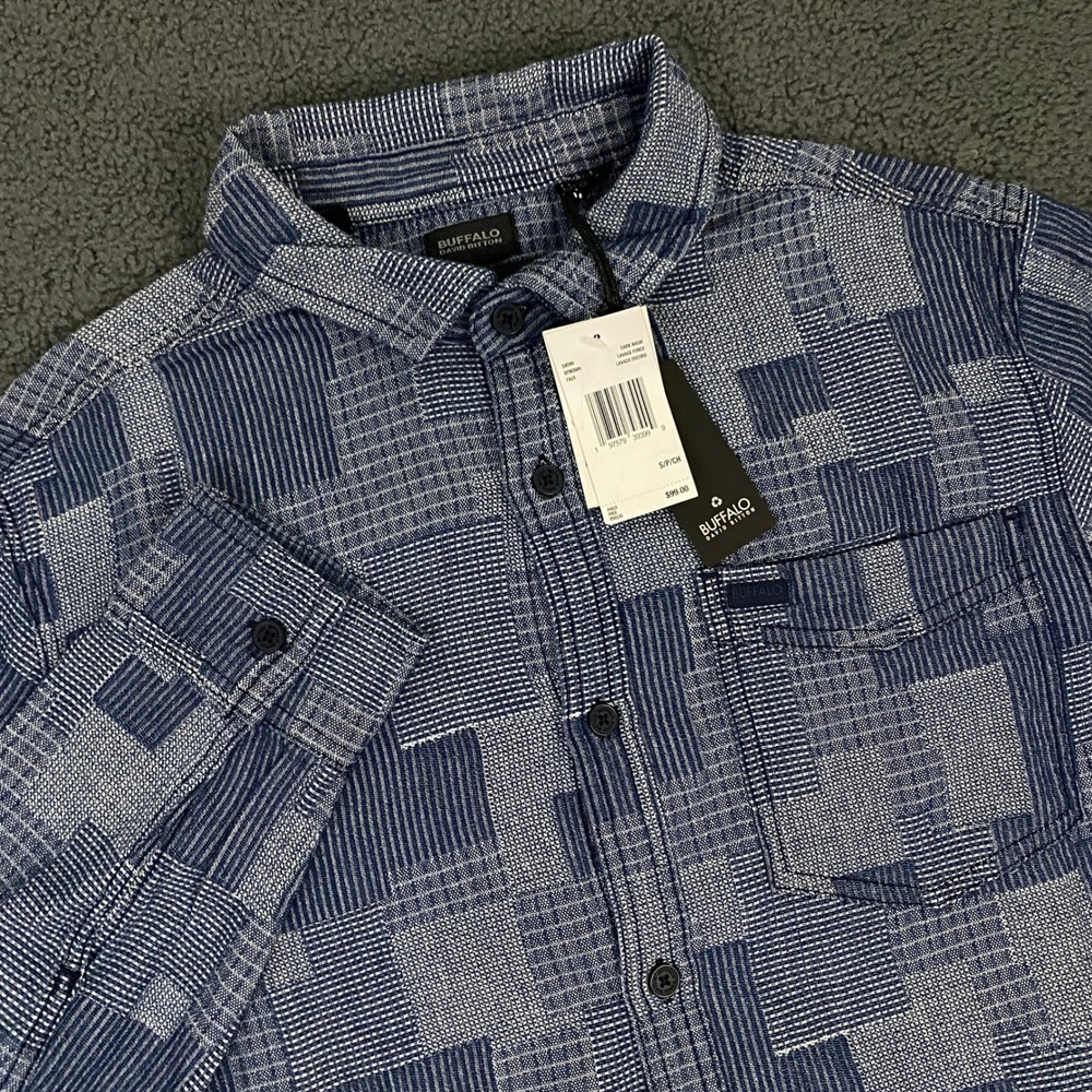 Buffalo David Bitton Shirt Mens Small Blue Indigo Patchwork Sashiko Button Up